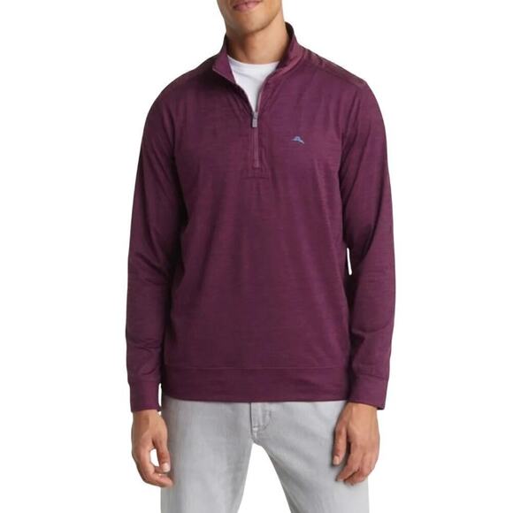 Tommy Bahama Quarter Zip Pullover Men's Large Burgundy Wine Striped Pima Cotton - Picture 1 of 8